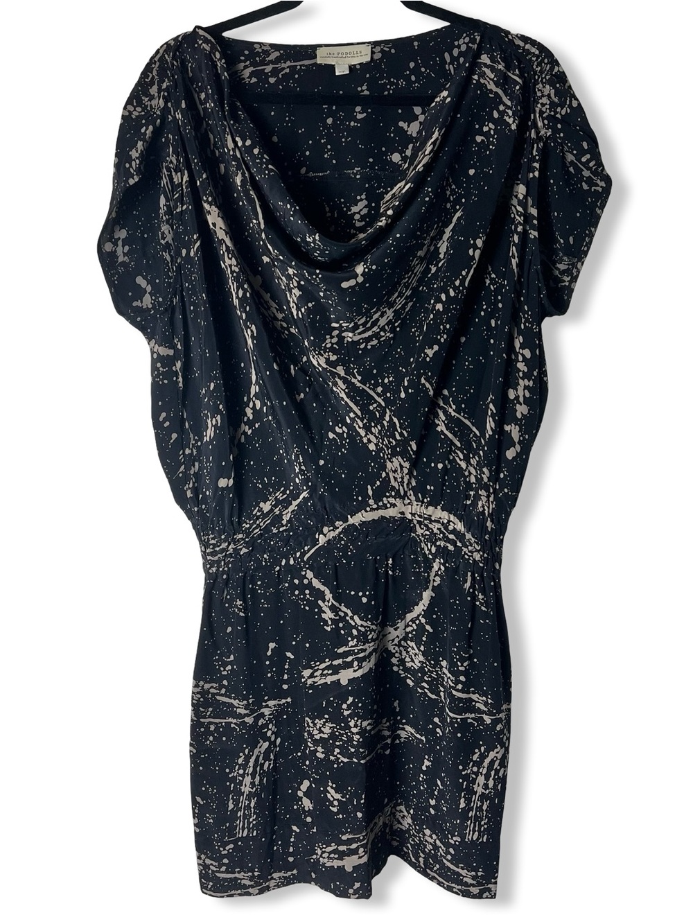 The Podolls Silk Dress Black Taupe Paint Splatter Print Cowl Neck Artsy Sz L